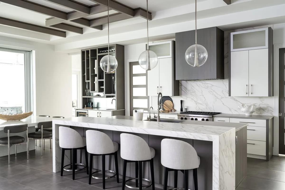 Bird Key Bayfront chef’s kitchen with waterfall island