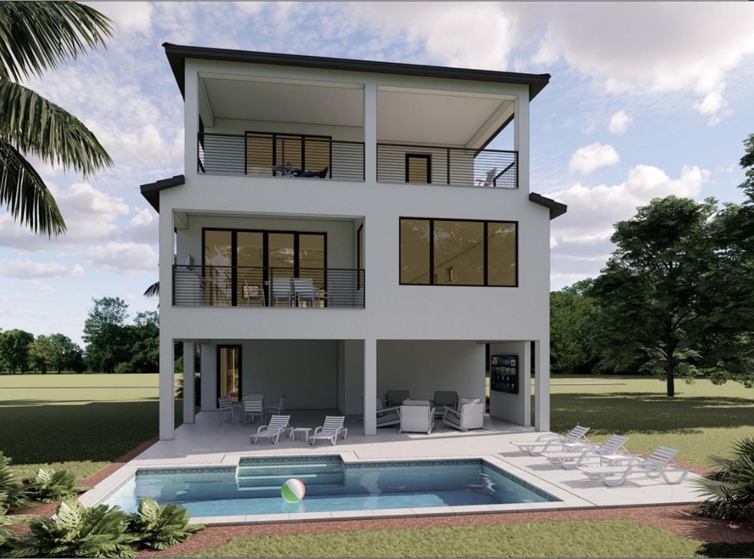 Pre-construction rendering of an elevated modern coastal custom home with pool by Nutter Custom Construction in Sarasota FL